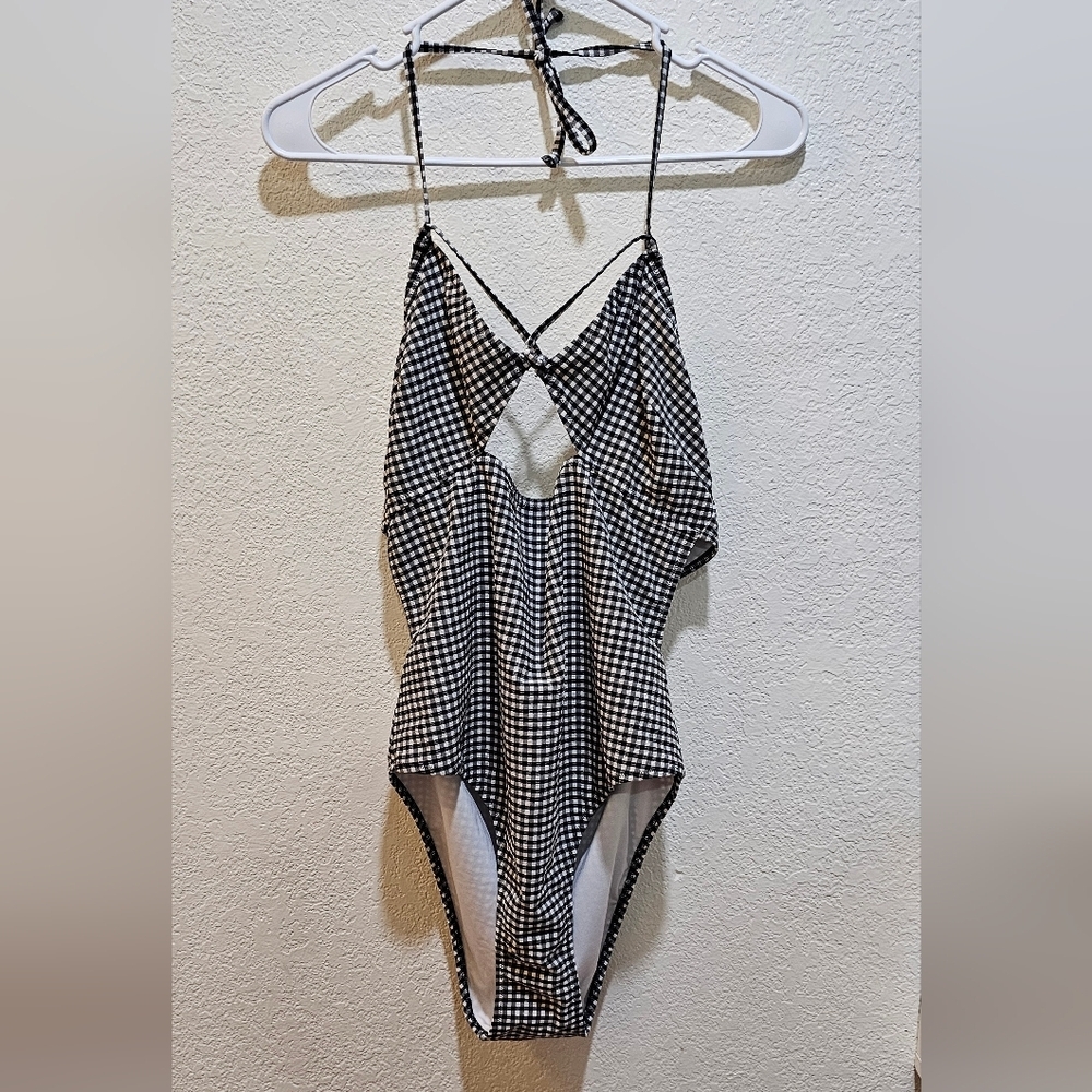 Victoria's Secret halt one-piece swimsuit black and white gingham cutout XL